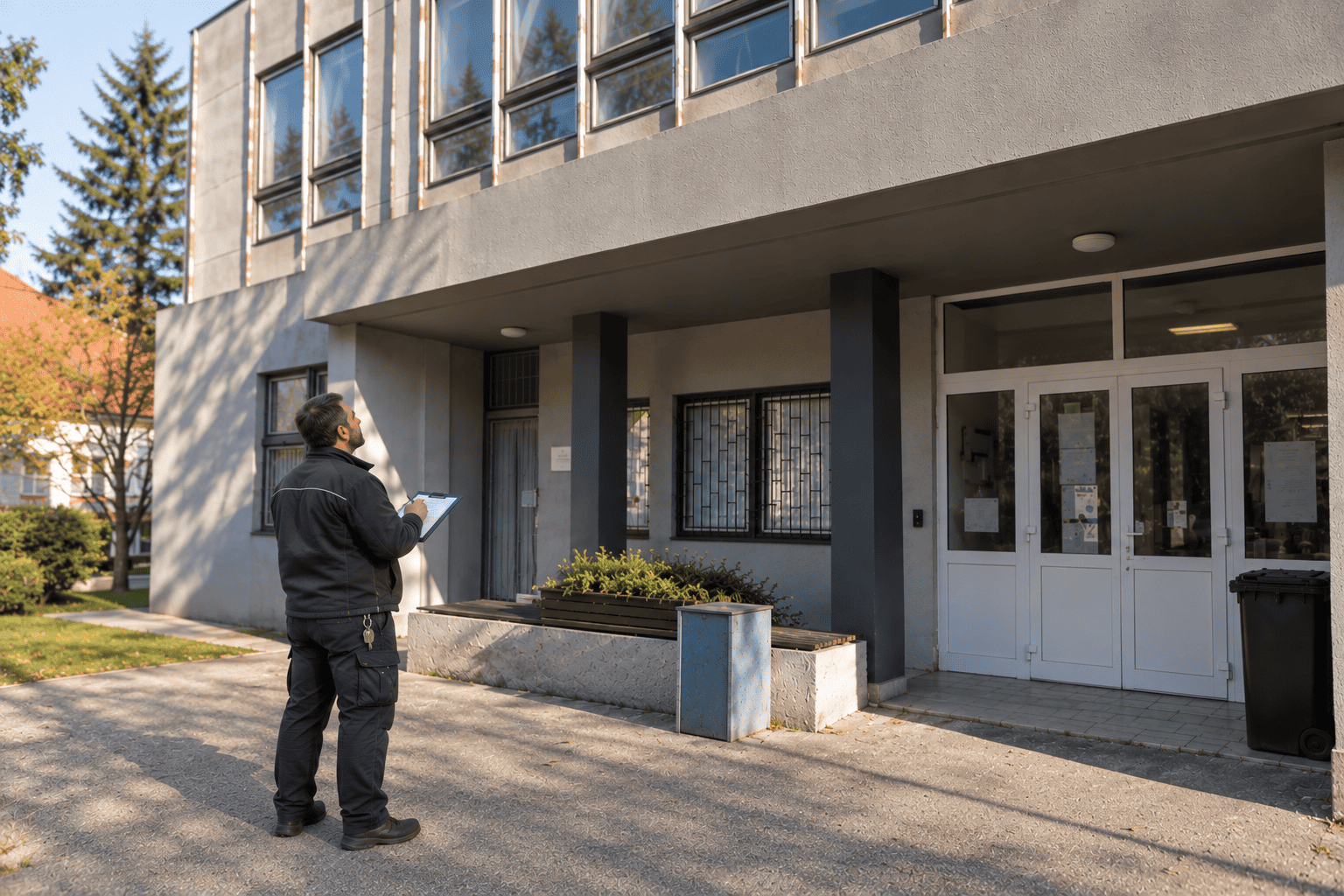 Správca Security TECH-SERVIS pri obhliadke areálu v Bratislave